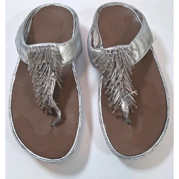 FitFlop Womens Sandals Flip Flops Size 5 Silver Beaded Tassel 534-011 Leather - Picture 1 of 7